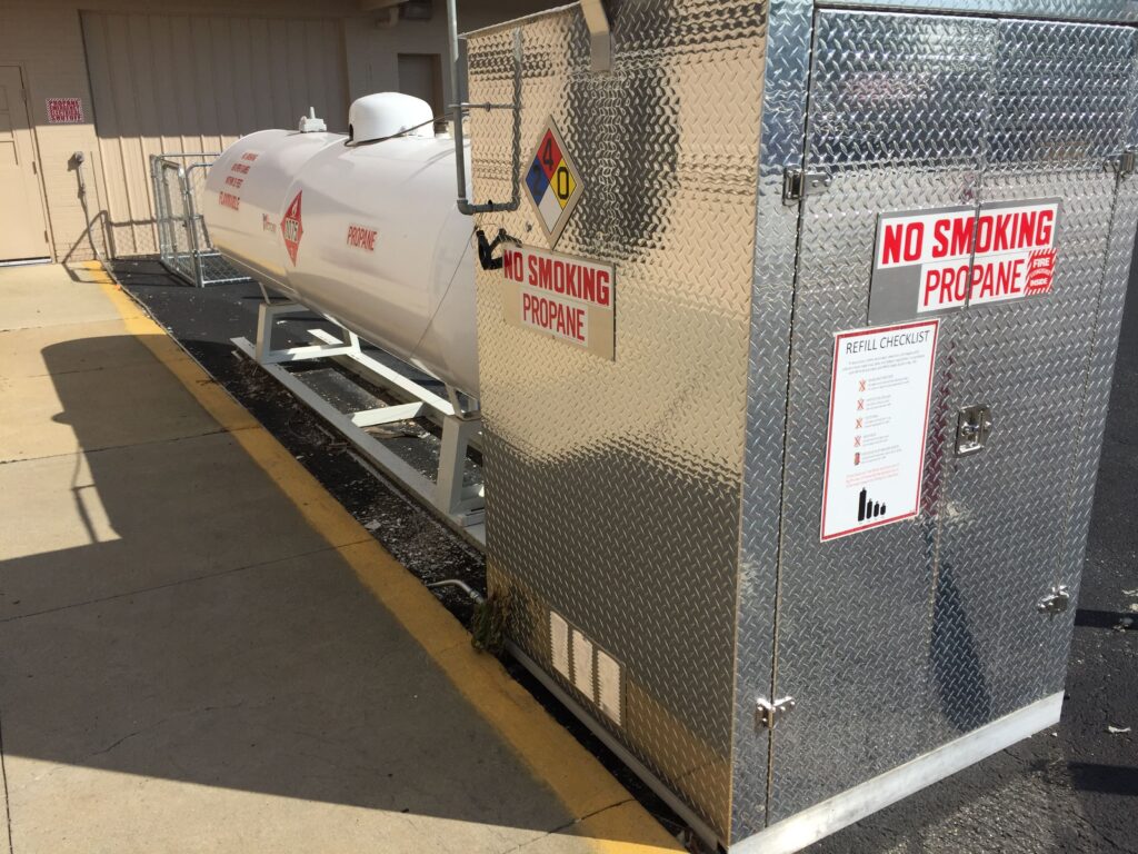 propane tank and steel cabinet with no smoking signs