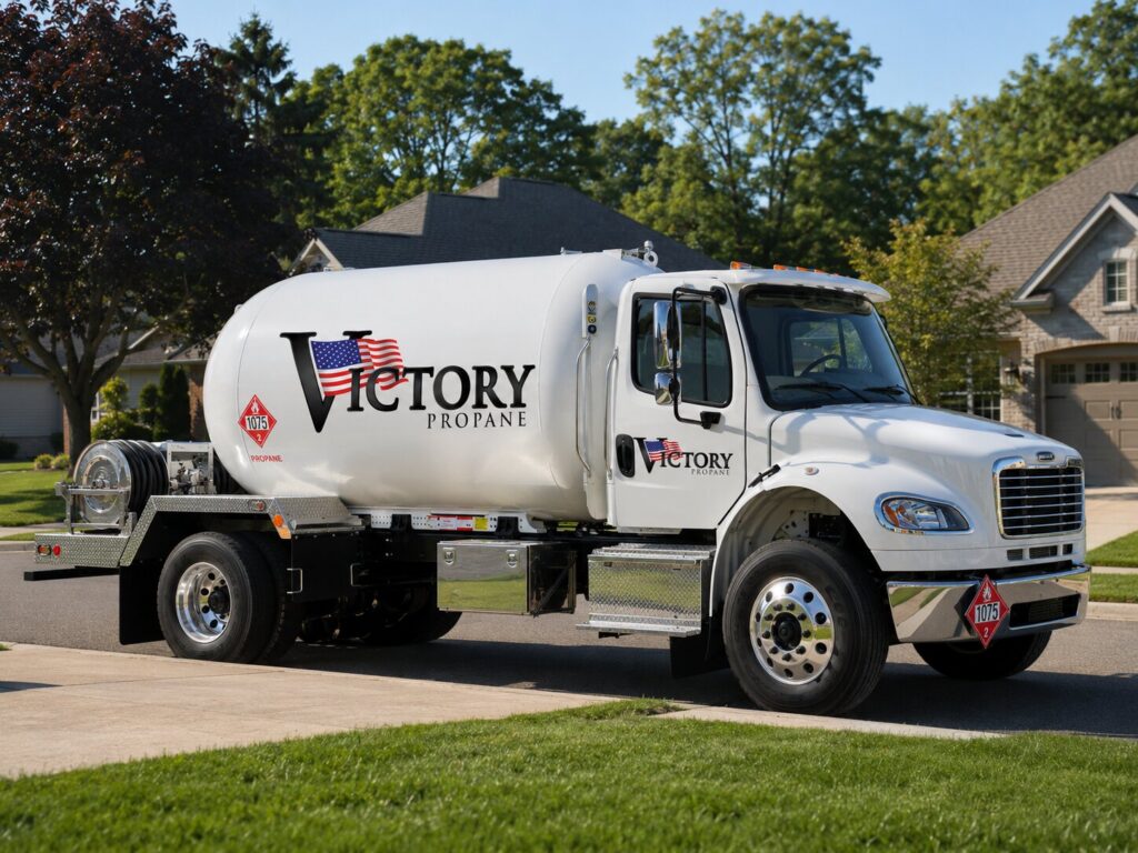 Victory Propane truck parked in a residential neighborhood, passenger-side view of the white tank and Freightliner cab with homes in the background.